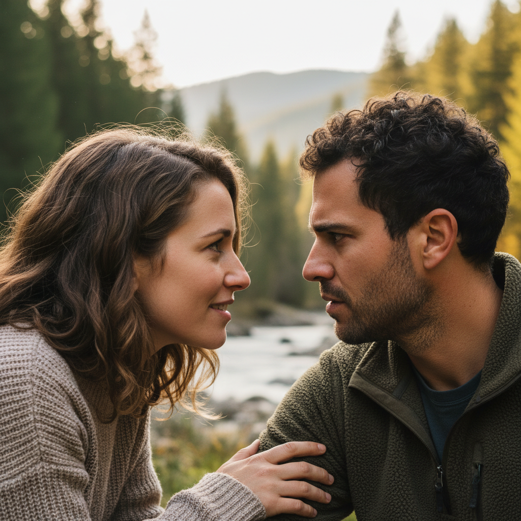 Photo of couple in deep, attentive eye contact outdoors, illustrating active listening skills and emotional connection