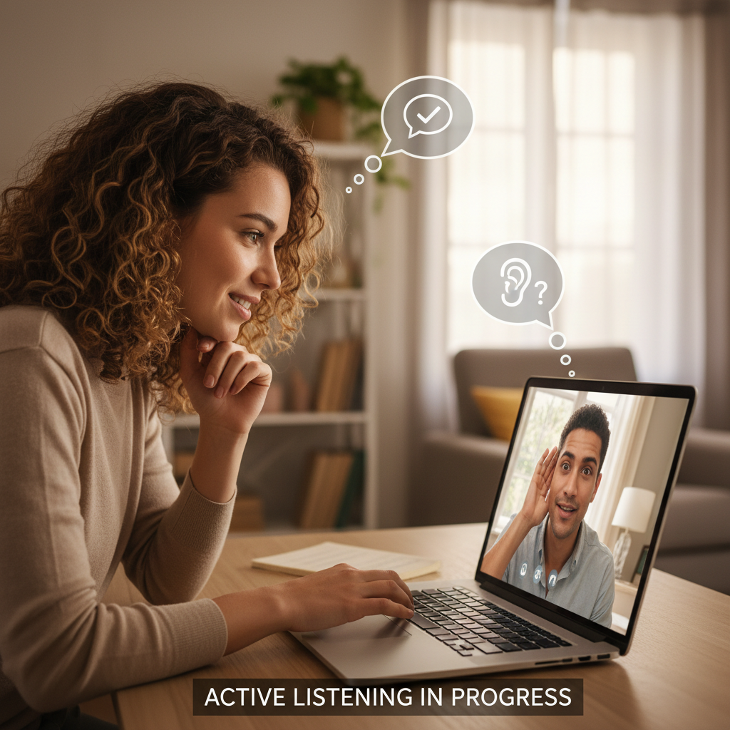 Engaged digital communication, showing one partner typing and the other reading attentively