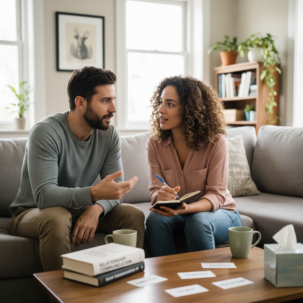 Couple on couch, one listening intently, positive atmosphere, relationship problem solving techniques