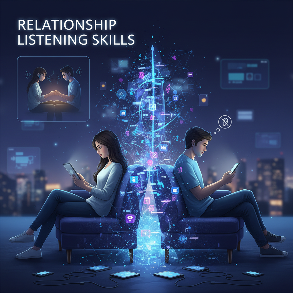 A couple sitting far apart on a couch at night, both lit by the glow of their phones, showing emotional distance and digital disconnect