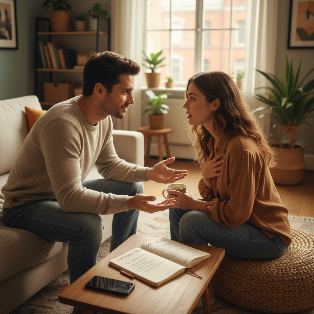 A couple in a modern apartment, one person listening intently, emotional intimacy tips