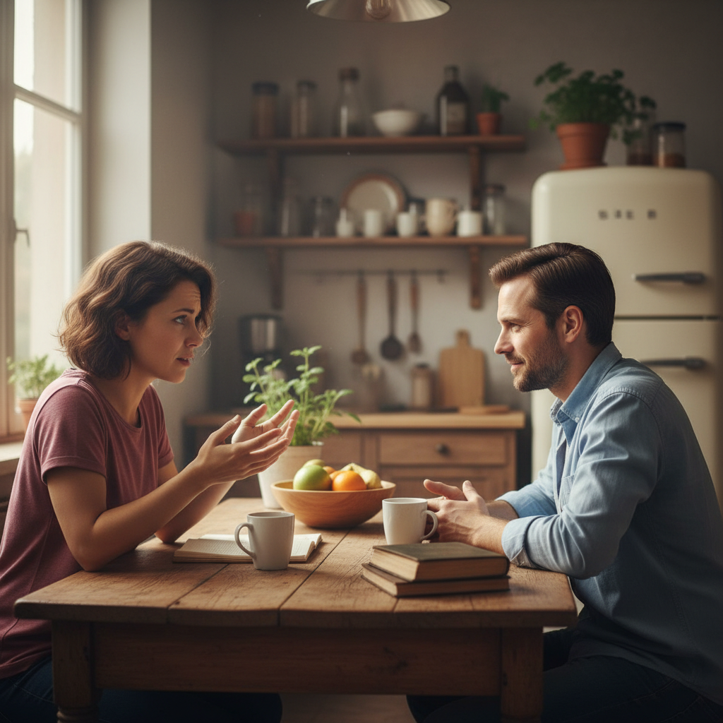 Couple at kitchen table, engaged in focused conversation and open body language, practicing active listening in a relationship