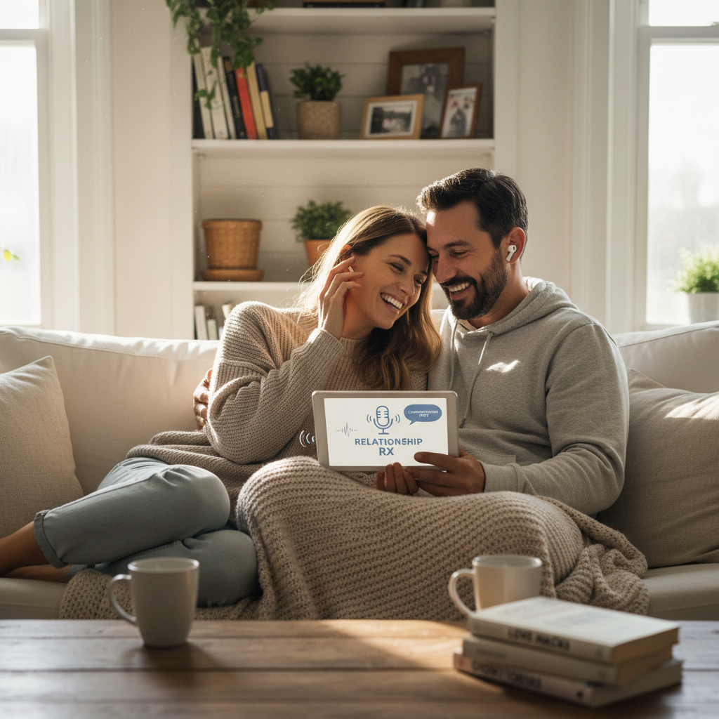 Candid editorial photo of two people laughing together while listening to a podcast in a cozy home setting