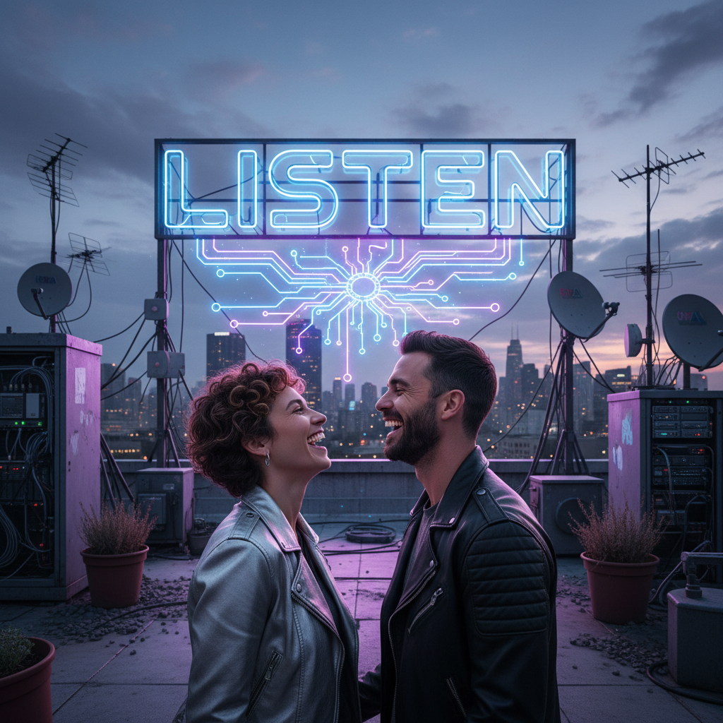 A couple laughing together on a rooftop at dusk, illuminated by a neon 'Listen' sign, symbolizing hope and tech-enabled intimacy