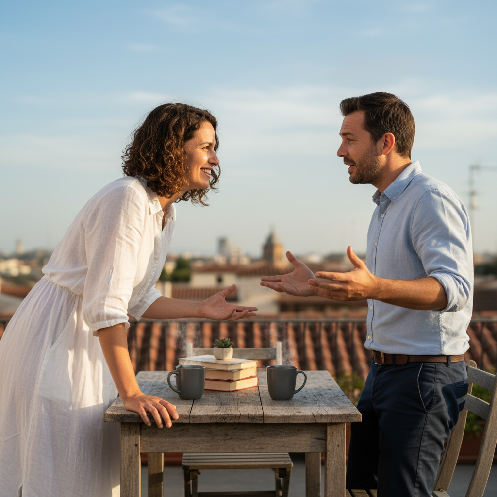 A couple facing each other attentively, one listening with open body language during a conversation