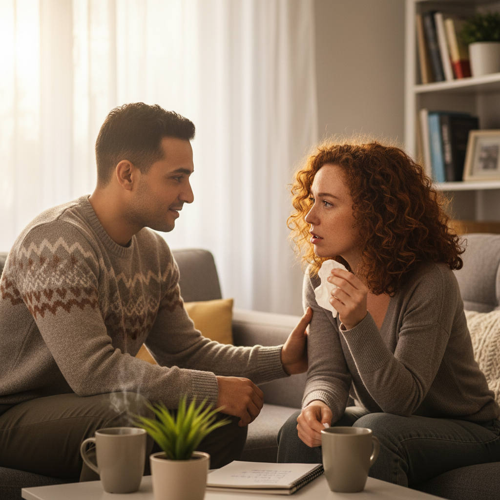 Photo of couple deeply listening and connecting, demonstrating active listening in conflict resolution