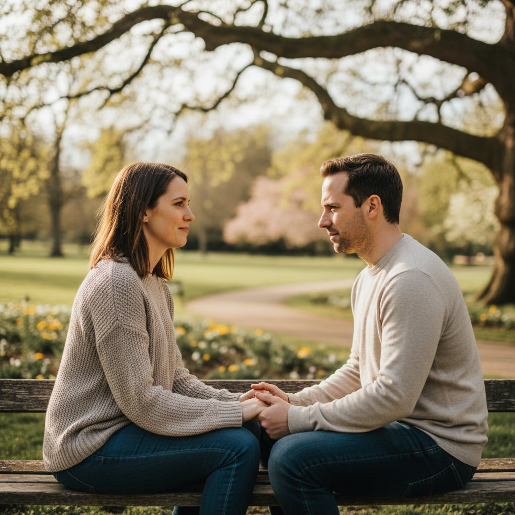 Couple sitting on sofa, one partner attentively listening to the other, embodying relationship presence