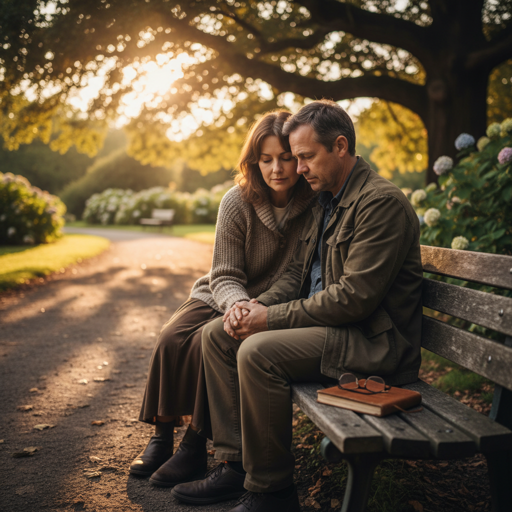 Photo of couple sitting on a bench, one partner listening intently, no technology visible