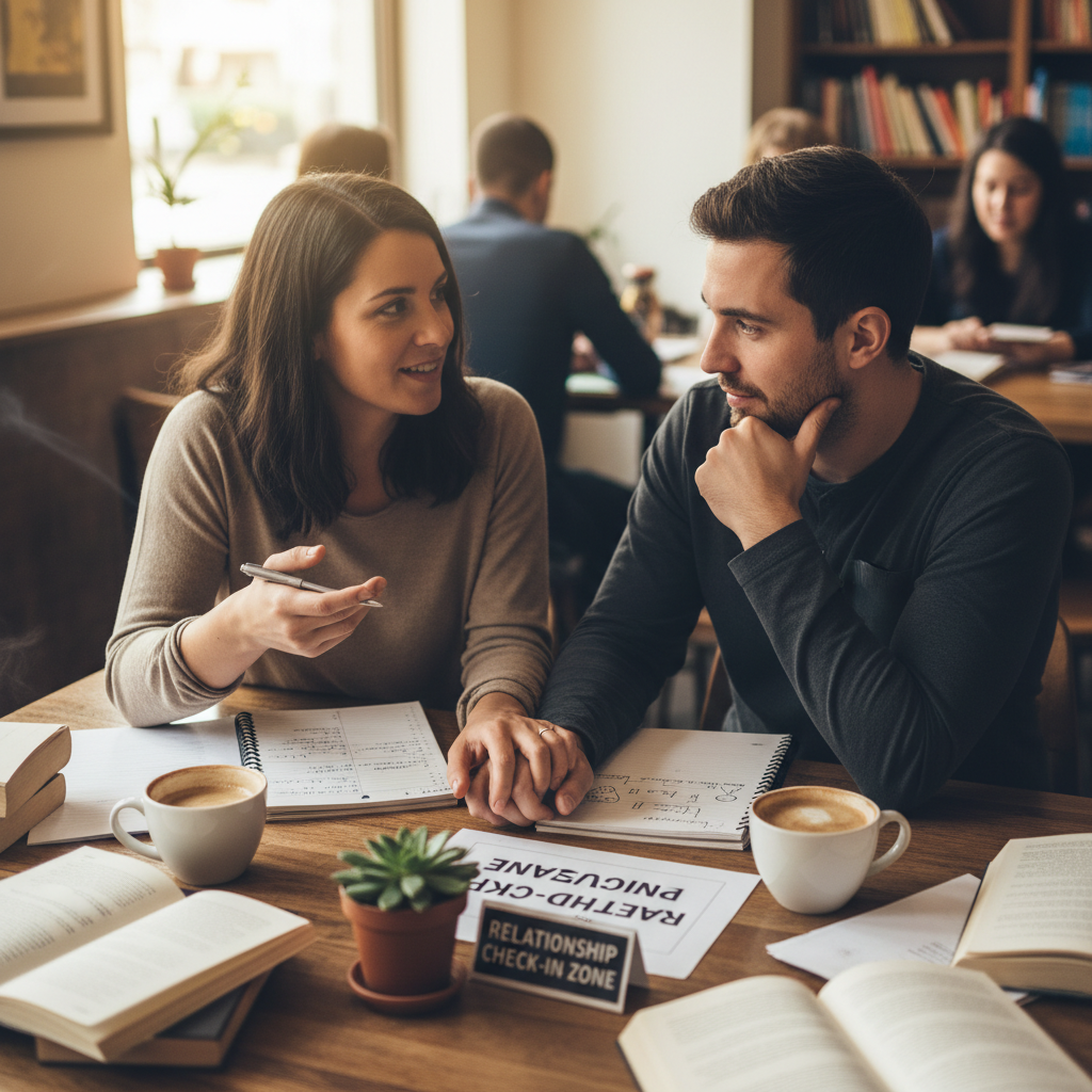 A couple sitting at a table with notebooks, both engaged in active listening and note-taking during a communication check-in