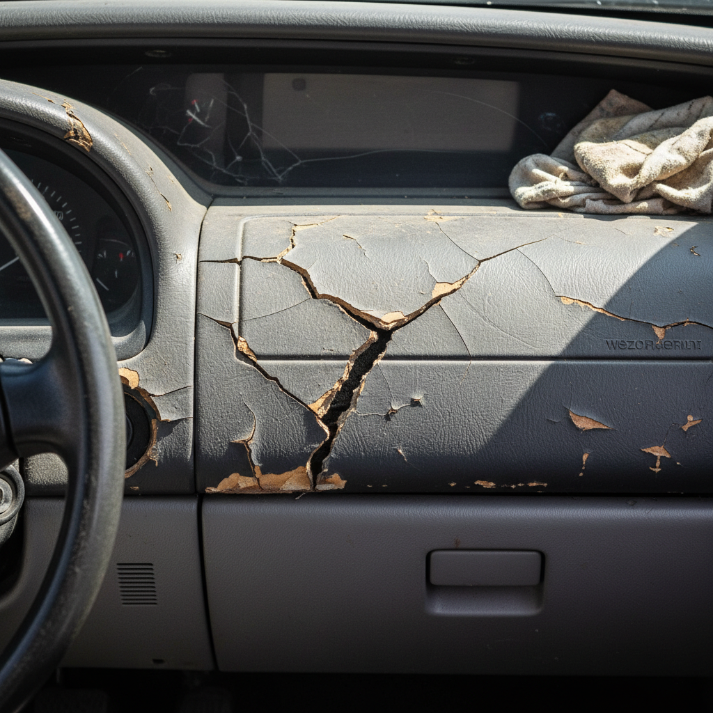 Dramatic shot of cracked and discolored car dashboard highlighting plastic wear