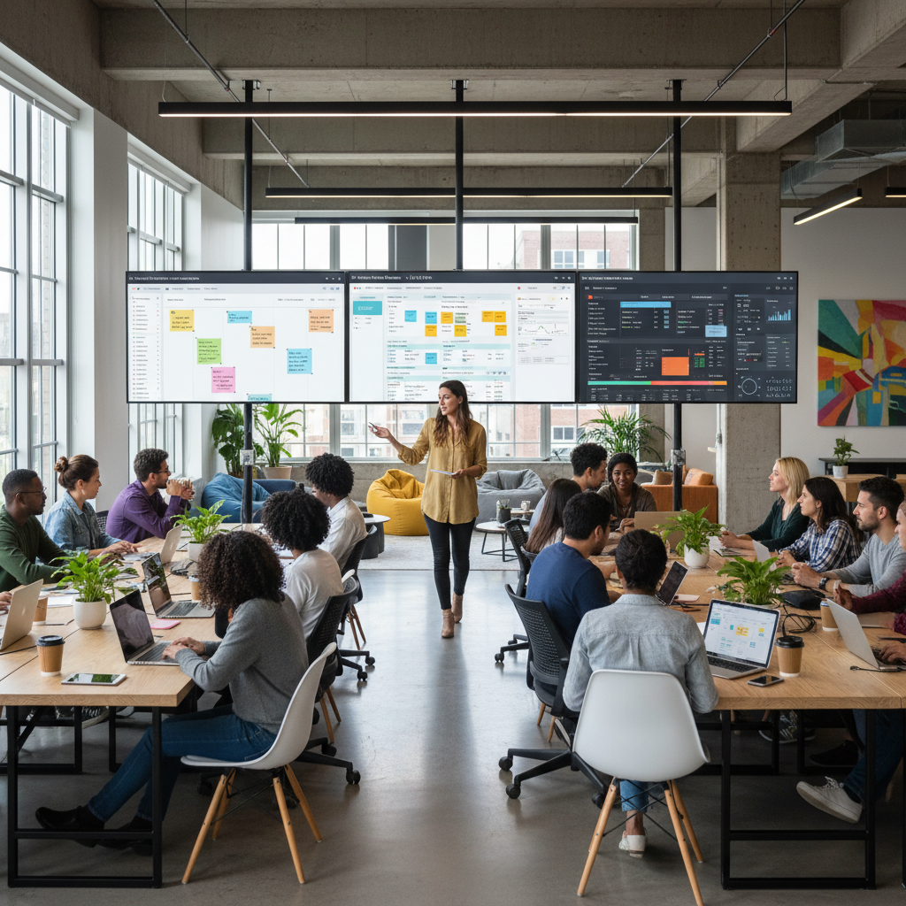 Creative agency team collaborating with digital workflow boards, workflow coordinator leading, modern workspace