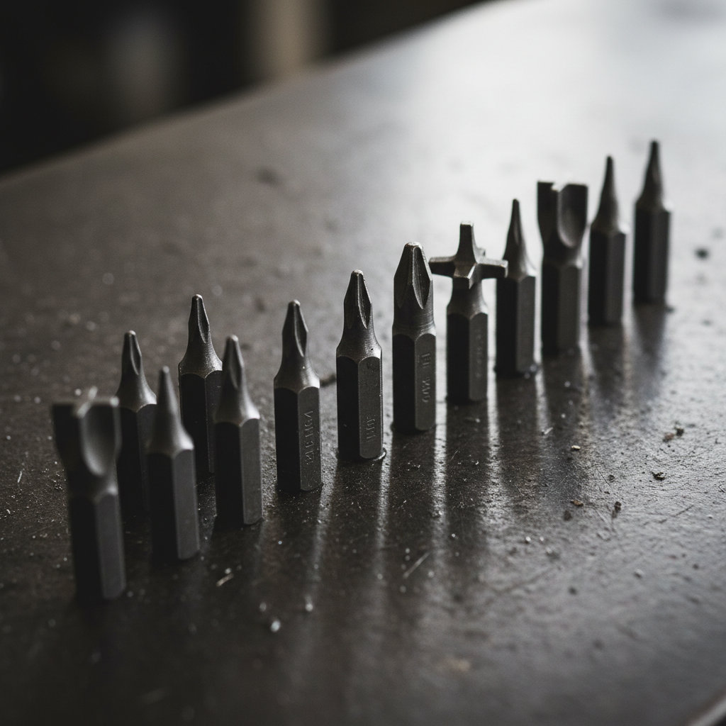 Zbliżenie na różne typy końcówek śrubokrętów krzyżowych na tle śrub