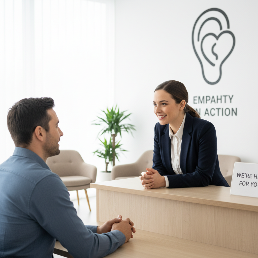 Pracownik obsługi klienta słucha klienta z empatycznym wyrazem twarzy, przyjazne otoczenie