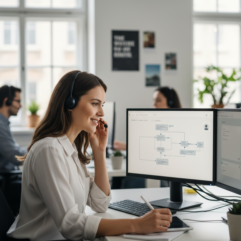 Customer service specialist balancing tech and people skills, split-screen troubleshooting and empathetic listening