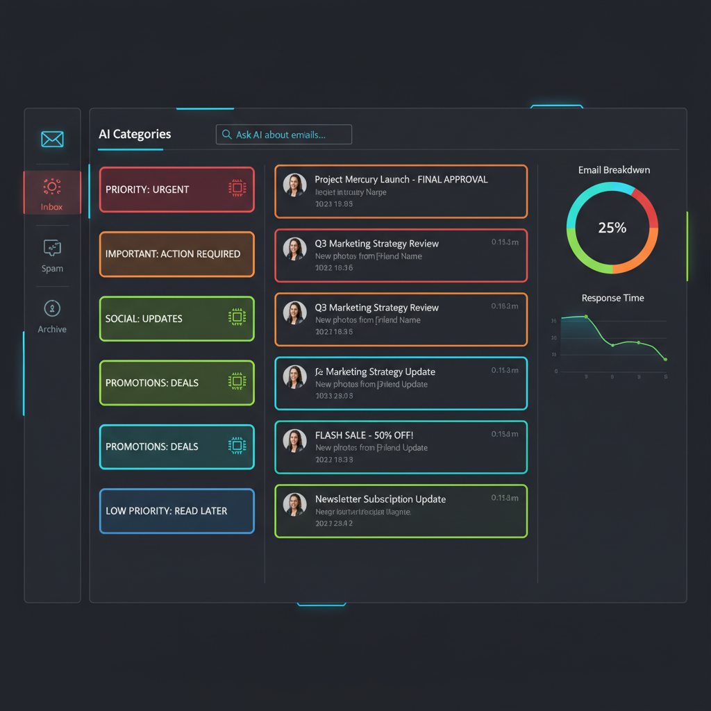 AI-powered inbox dashboard sorting emails by priority using color-coded categories and clean UI