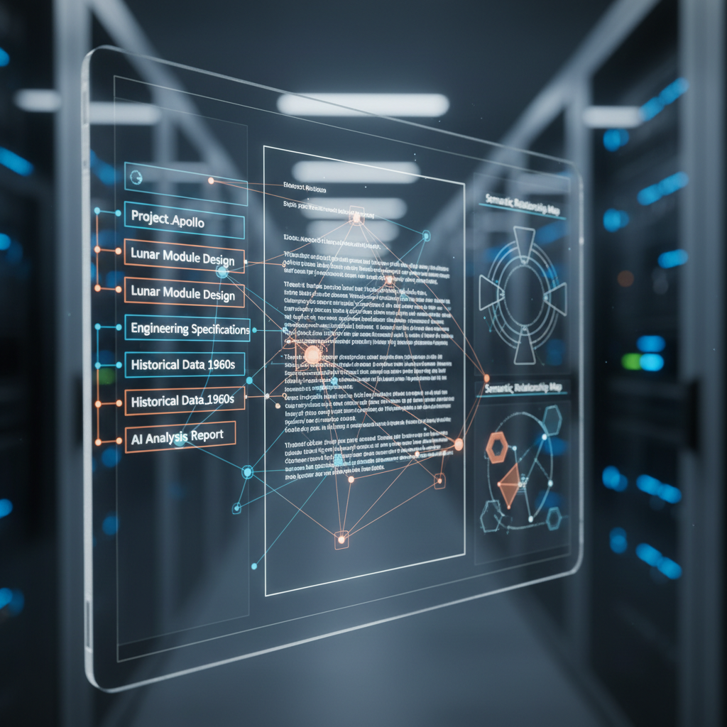 Close-up of digital document with highlighted metadata tags, AI scanning overlay, and semantic indexing map