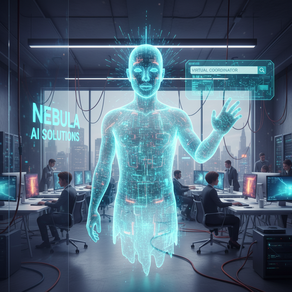 Symbolic digital ghost representing AI coworker in workplace, looking for virtual coordinator presence