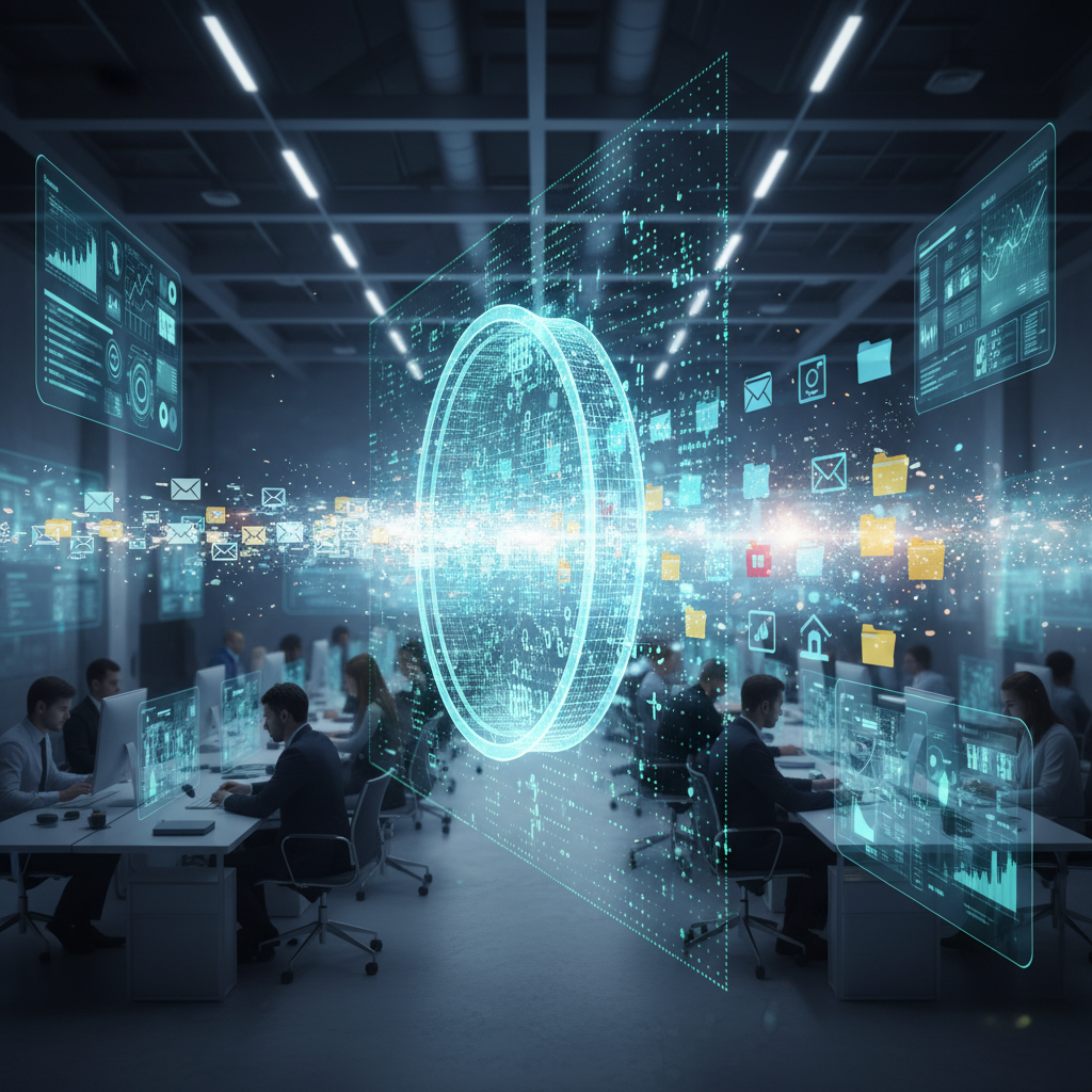 Digital sieve filtering valuable emails from spam in a modern office, symbolizing filter emails and digital productivity