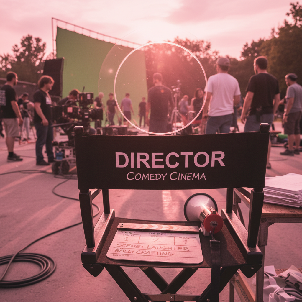 Director’s chair with rose-colored lens, film set background, crafting optimistic comedy cinema