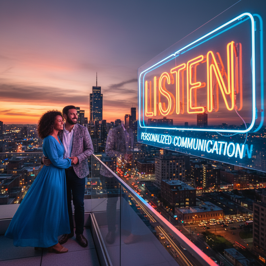 A diverse couple standing close, city skyline behind them, the neon 'Listen' sign glowing in reflection, symbolizing hope and growth in personalized communication