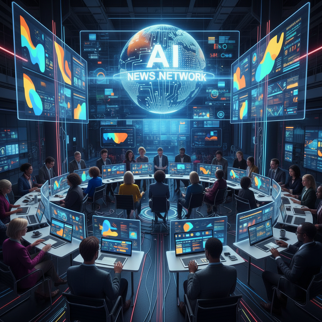 Futuristic optimistic photo: diverse global audience engaging with AI-powered news on multiple devices, dynamic content, bright colors