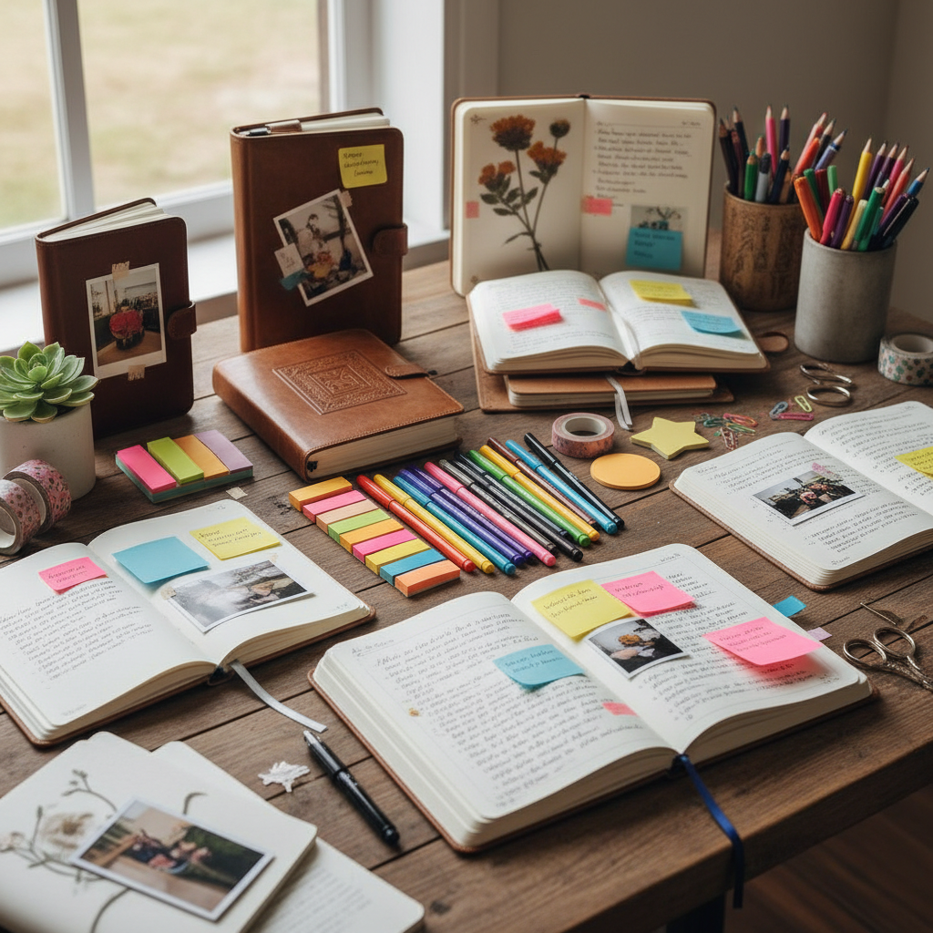 Collage of diverse journals, colored pens, sticky notes, creative journaling ideas