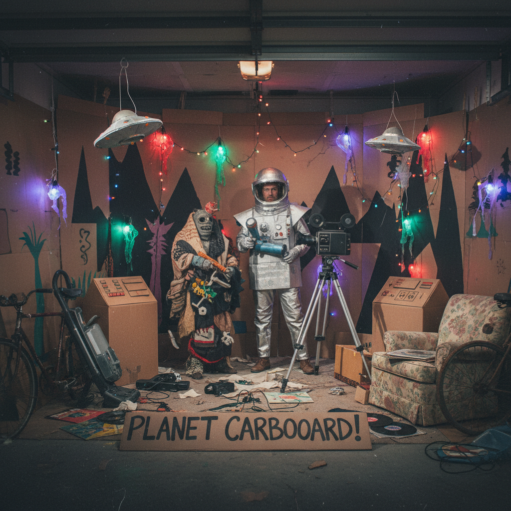 DIY film set built from cardboard, colored gels, and thrift props for B-movie look