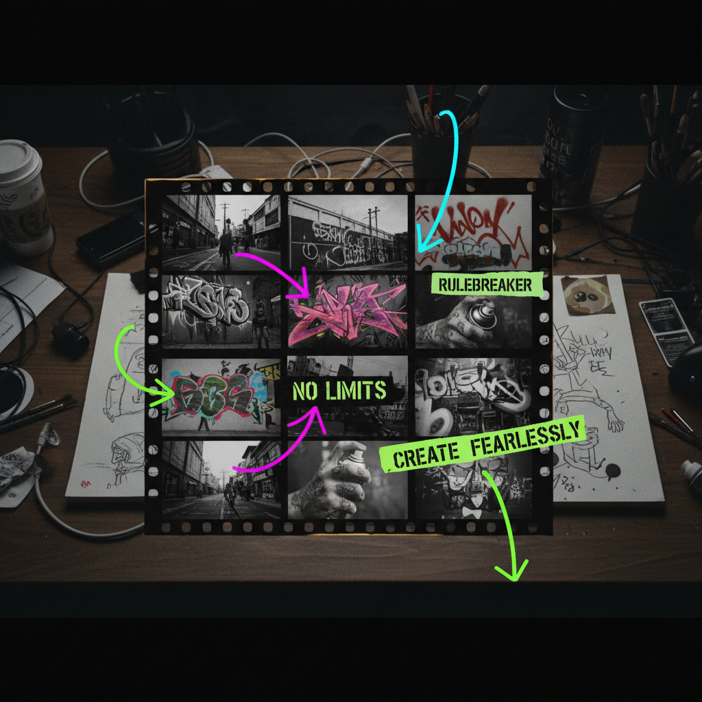 Edgy moodboard with colored film stills, hand-drawn arrows, desktop chaos, representing the creative process of movie lookbooks