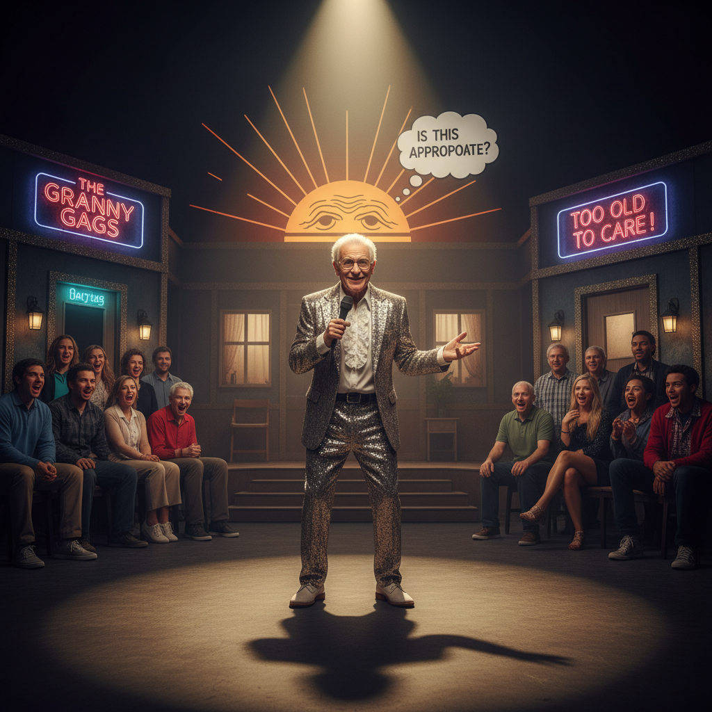 Elderly actor on stage, spotlighted, audience divided between laughter and discomfort