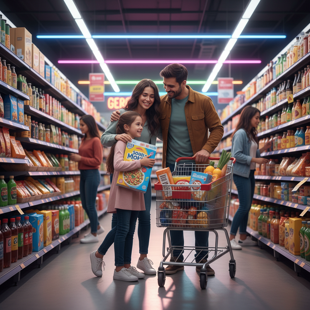 Emocjonalne zakupy w supermarkecie, rodzina, kolorowe produkty, emocje, światło neonowe