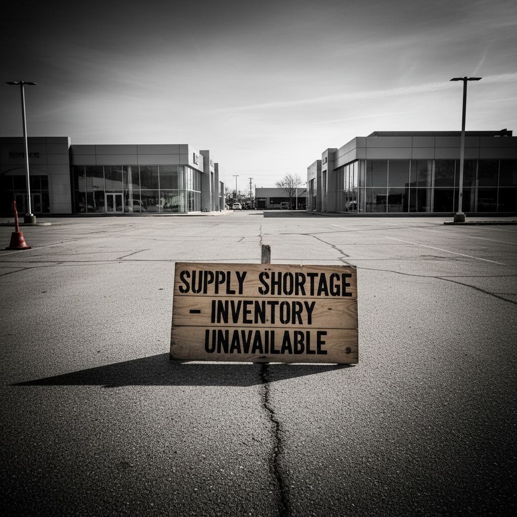 Photojournalistic, wide-angle photo of empty car lot with 'supply shortage' sign, symbolizing new pandemic-era car buying fees and market pressures