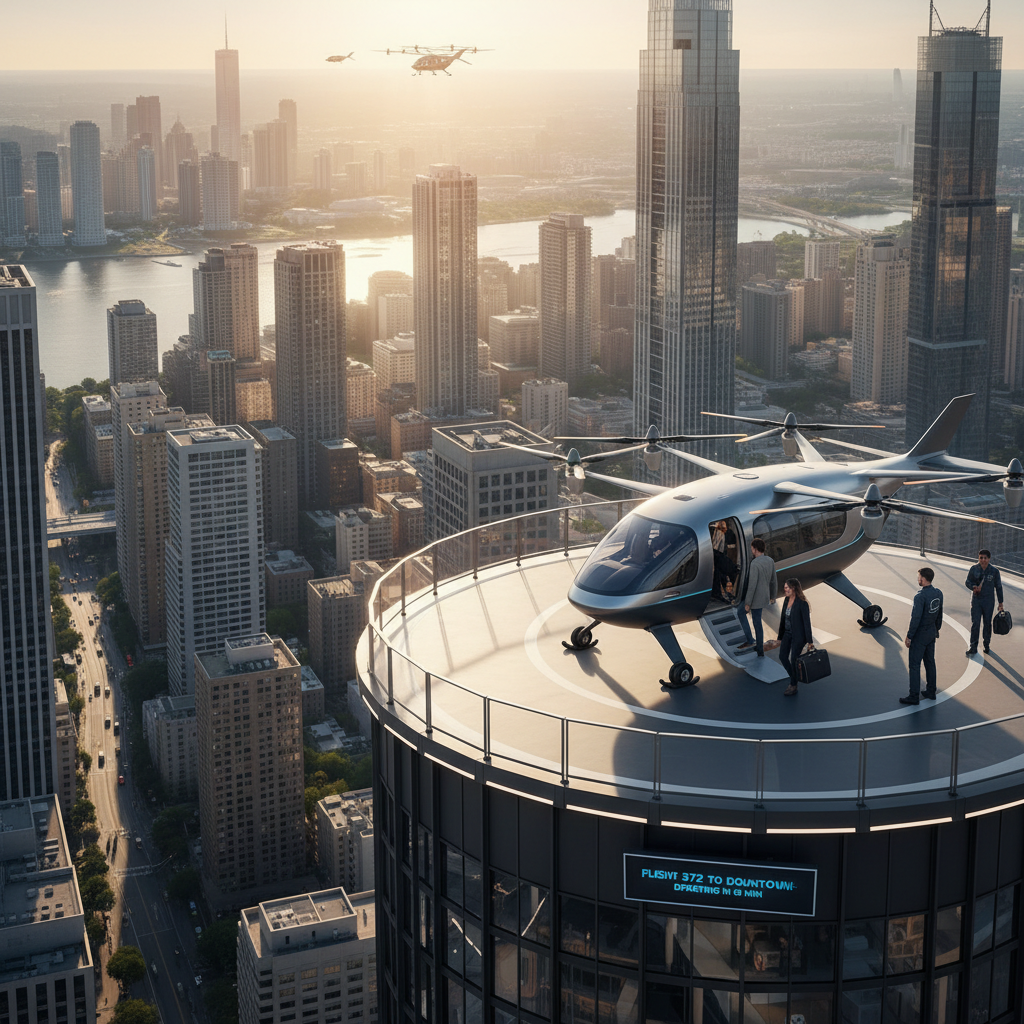 eVTOL air taxi on a rooftop vertiport, passengers boarding, city skyline in background