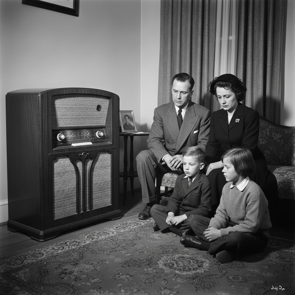 Family listening to funeral broadcast, 1940s. Black-and-white photo of solemn family around a radio, symbolizing remote mourning.
