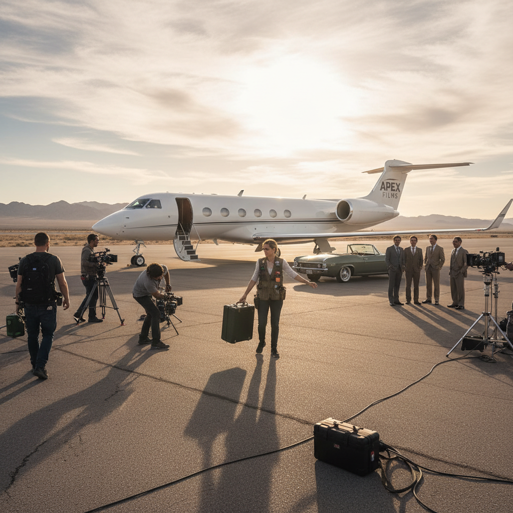 Film production coordinator organizing flights on an airport runway, demonstrating the intensity of production logistics