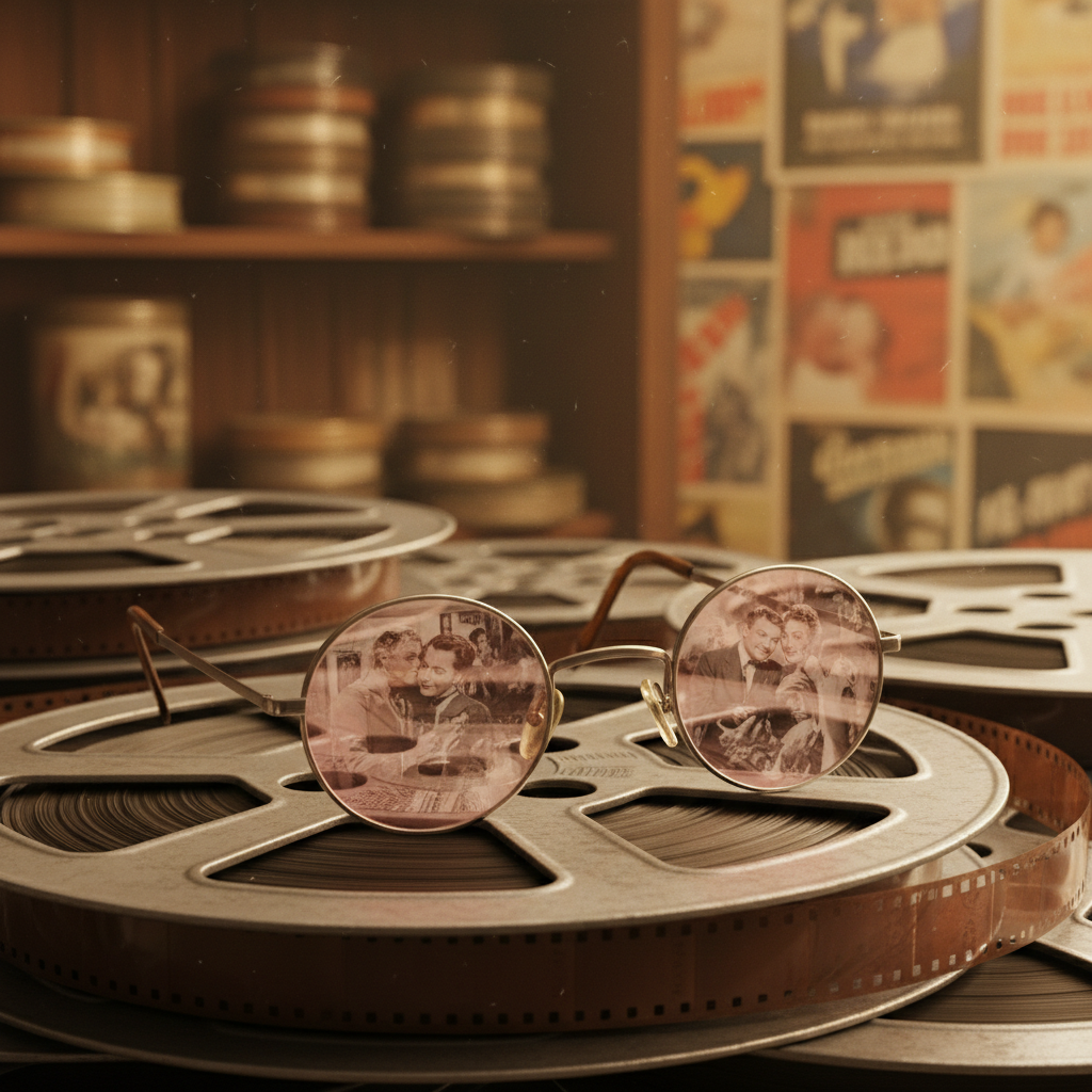 Film reels viewed through rose colored glasses, symbolic of nostalgic movies