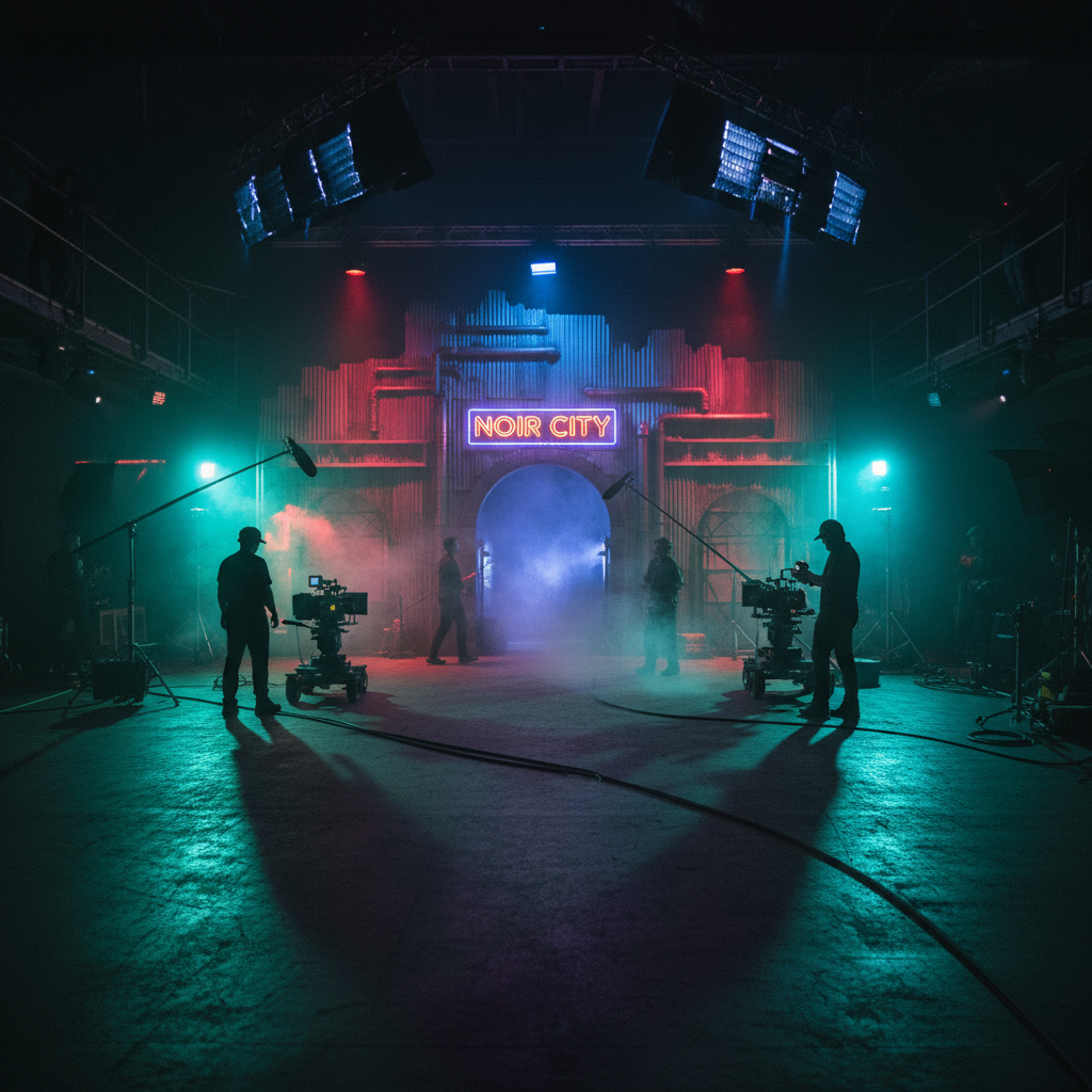 Exploitation film set with vivid lighting and shadows, reflecting the cult aesthetic