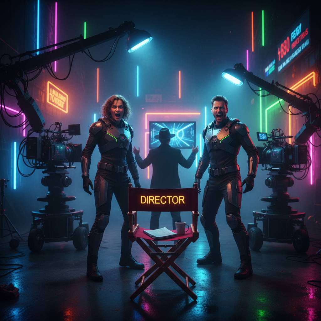 Film set with neon lighting, actors in motion, director’s chair visible