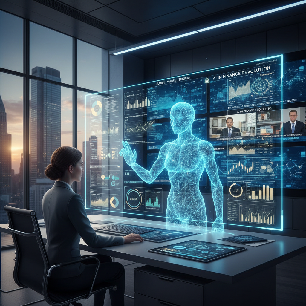 Financial analyst reviewing digital dashboard with AI avatar, representing digital assistant productivity