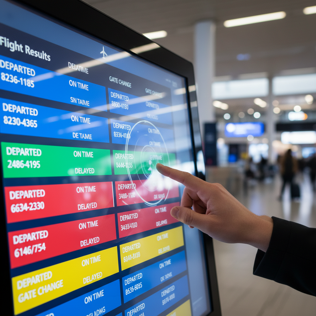 Close-up of fingertips using a digital touchscreen showing flight results, symbolizing optimized air travel search engine usage