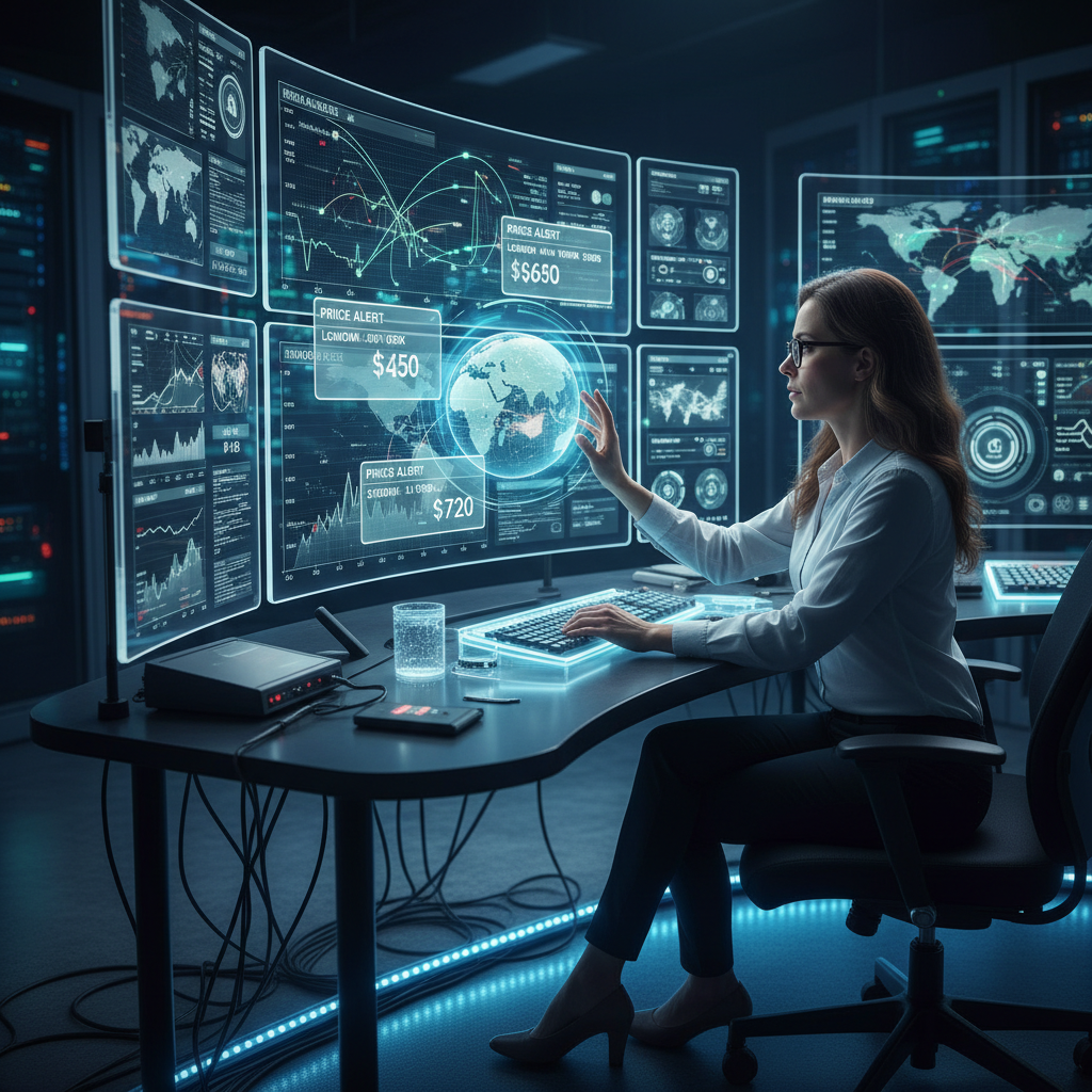 Ekspert od lotów analizuje dane na kilku ekranach, wykresy cen, alerty cenowe, symbol przewagi technologicznej