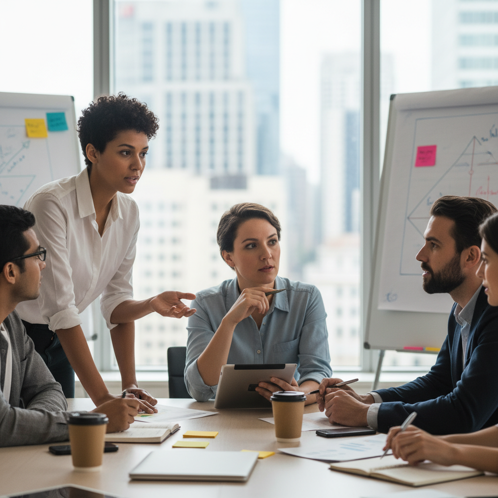 Team in a focused conversation, practicing active listening and step-by-step communication strategies