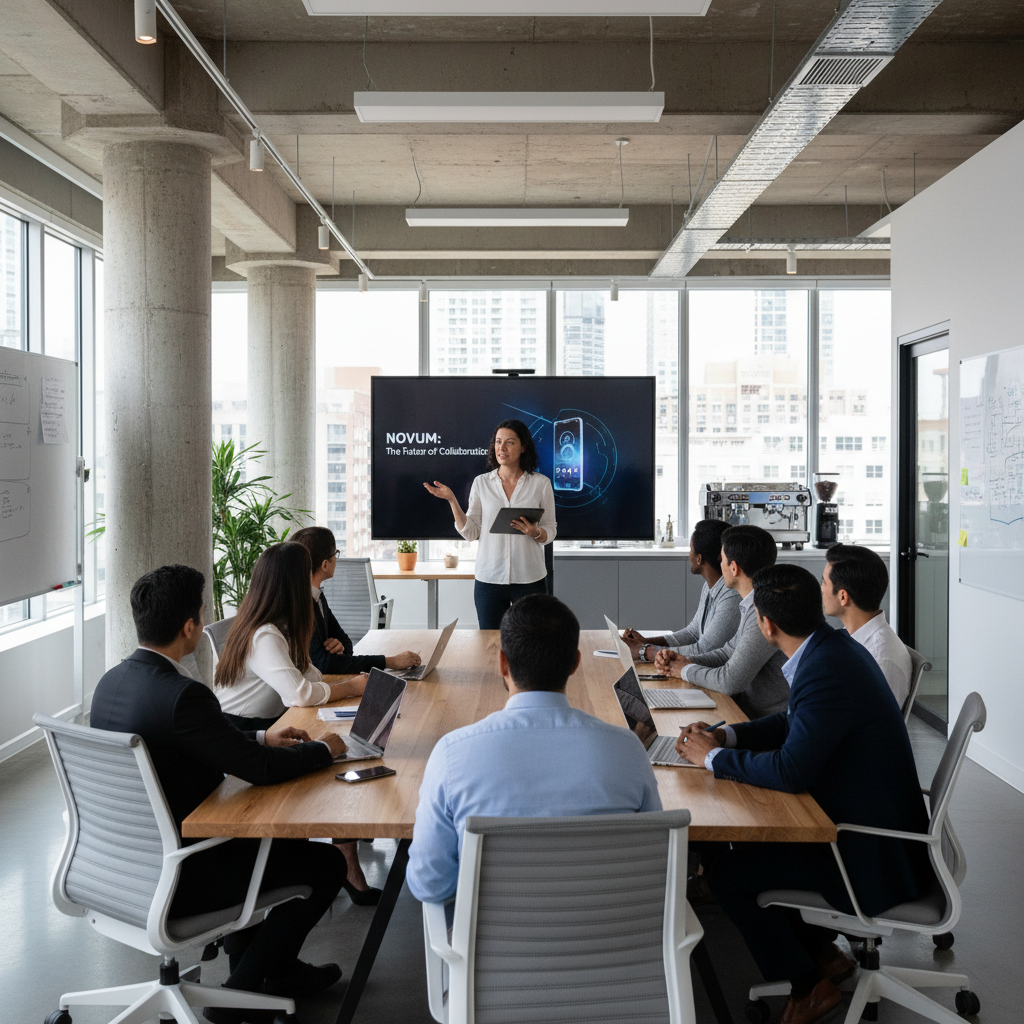 Former admin coordinator presenting new product to a cross-functional team in a modern workspace