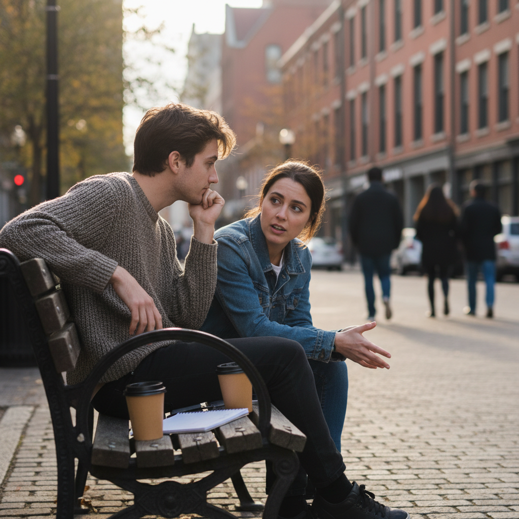 Group of friends gathered around a city bench, all listening attentively to one speaker, representing deep friendship communication