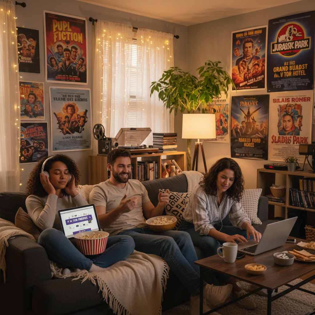 Group of friends listening to a movie podcast at home, with movie posters on the wall, capturing the communal and cozy vibe of podcast fandom