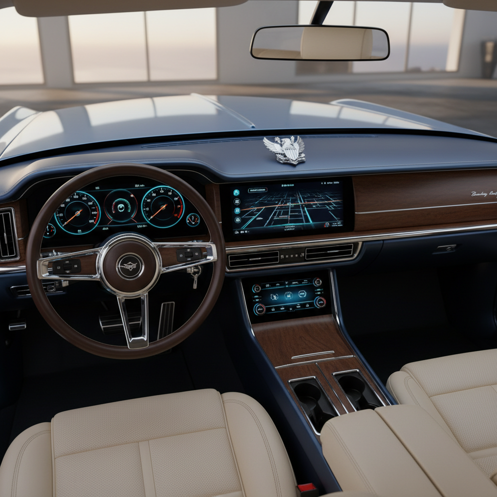 Vintage full size sedan badge and futuristic dashboard, old-meets-new luxury car detail