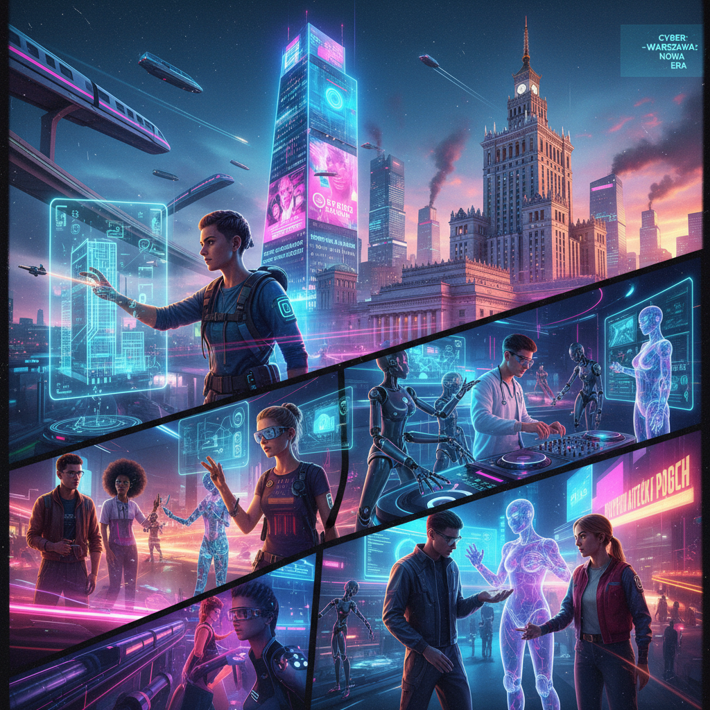 Ludzie i AI współpracujący w futurystycznej scenerii polskiego miasta