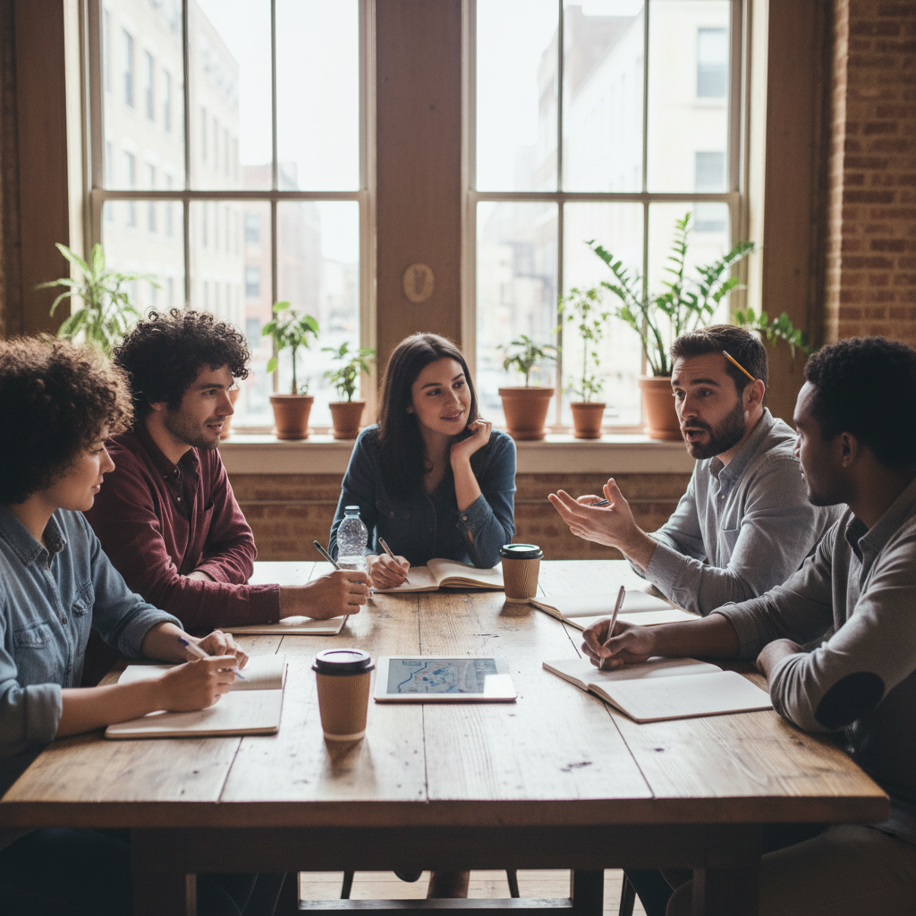 Trzy osoby zaangażowane w rozmowę przy stole, jedna z nich intensywnie słucha i notuje, symbol aktywnego słuchania i wartościowej rozmowy