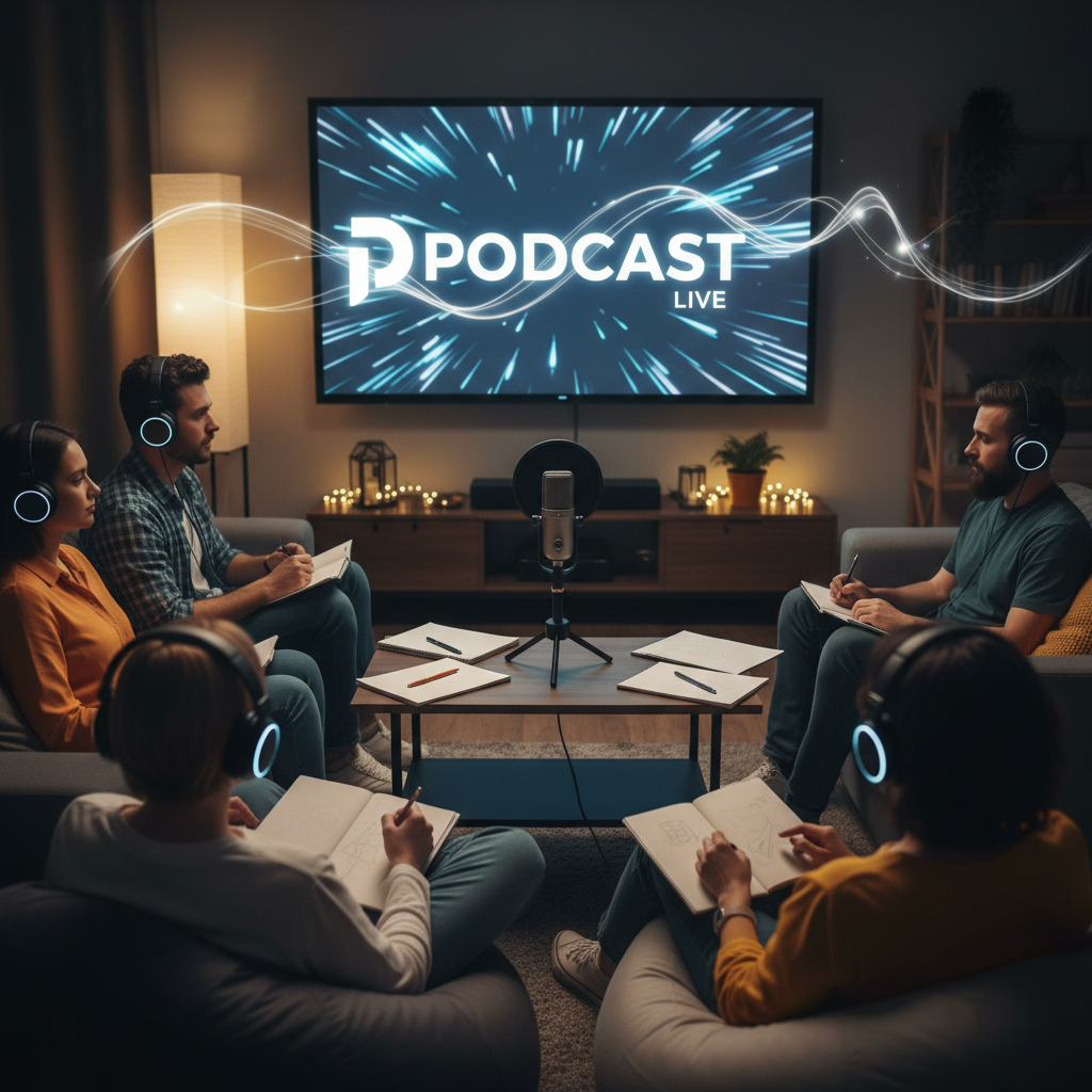 Grupa ludzi słucha podcastu i ogląda obrazy na ekranie, storytelling audio-wizualny