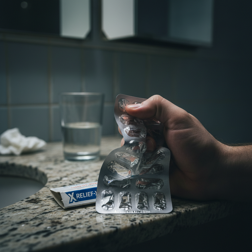 Ręka ściskająca pusty blister po lekach przeczyszczających, na tle surowej łazienki – obrazek pokazujący wstyd, samotność i uzależnienie