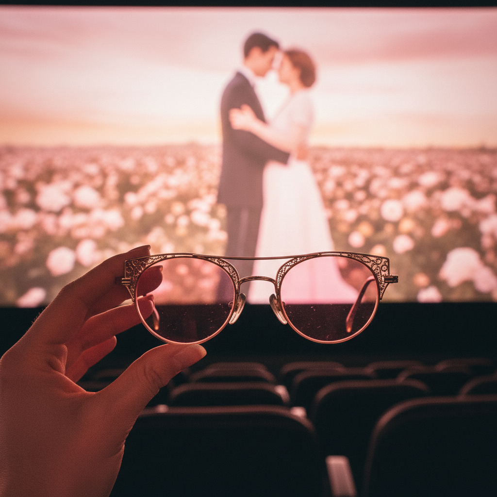 Symbolic gesture of removing rose colored glasses at the movies, representing critical perspective